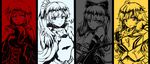  absurdres ahoge blake_belladonna blue_eyes bow cape column_lineup cross dress ember_celica_(rwby) gauntlets gloves highres jewelry long_hair multiple_girls multiple_monochrome ponytail purple_eyes ruby_rose rwby short_hair smile sunset_xi weapon weiss_schnee yang_xiao_long yellow_eyes 
