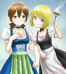  apron blonde_hair blue_eyes blush breasts brown_eyes brown_hair chaborin cleavage dirndl erica_hartmann food fork german_clothes gertrud_barkhorn hair_ribbon hand_on_own_chest long_hair looking_at_viewer medium_breasts multiple_girls neck_ribbon oktoberfest ribbon sausage short_hair simple_background smile steam strike_witches twintails world_witches_series 