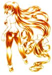  absurdly_long_hair ass back bikini_top bow butt_crack full_body gloves gomamiso_(gomamiso_sp) hair_bow long_hair looking_back monochrome orange_(color) original simple_background solo standing very_long_hair white_background 