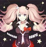  blue_eyes bow breasts cleavage danganronpa danganronpa_1 enoshima_junko grin hair_ornament long_hair makura_(sheepstar49) medium_breasts nail_polish necktie outstretched_arms pink_hair skirt sleeves_rolled_up smile solo spoilers star star-shaped_pupils symbol-shaped_pupils twintails 