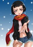  alias_dictus black_hair bob_cut denim denim_shorts earrings eyebrows eyeshadow flat_chest hand_on_thigh hood hoodie jewelry kuropan looking_at_viewer makeup midriff navel ninja_slayer open_clothes open_hoodie outstretched_hand red_scarf scarf short_hair shorts snow snowing solo yellow_eyes 