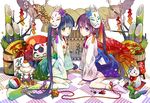  blue_hair cherry_blossoms daruma_doll fan folding_fan fox_mask green_eyes japanese_clothes kneeling maneki-neko mask multiple_girls original purple_eyes purple_hair rope shide shimenawa spinning_top tabi twintails zaza_(x-can01) 