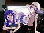  adobe_photoshop blue_eyes blue_hair blue_sailor_collar blush calendar_(object) computer dokidoki!_precure fashion hat hishikawa_rikka jewelry kenzaki_makoto looking_at_viewer multiple_girls necklace negom pantyhose precure purple_hair purple_legwear sailor_collar school_uniform serafuku sidelocks sweat sweatdrop through_screen vest 