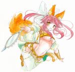  amaterasu_(fate) animal_ears breasts dancer fate/extra fate/extra_ccc fate_(series) fina_(sa47rin5) fox_ears fox_tail hair_ribbon medium_breasts mirror open_mouth pink_hair ribbon solo tail tamamo_(fate)_(all) tamamo_no_mae_(fate) traditional_media twintails underboob watercolor_(medium) yellow_eyes 