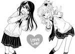  blush downscaled fang greyscale kurahashi_riko long_hair love_lab maki_natsuo md5_mismatch miyahara_ruri monochrome multiple_girls necktie official_art one_eye_closed resized school_uniform side_ponytail skirt smile v 