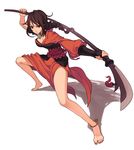  ankle_bell anklet bare_legs barefoot bell braid brown_hair feet fighting_stance fkey full_body guan_dao highres japanese_clothes jewelry kimono original polearm ponytail red_eyes simple_background solo tattoo toenail_polish weapon white_background 