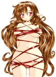  :o arms_behind_back blush breasts brown_hair gomamiso_(gomamiso_sp) large_breasts long_hair naked_ribbon original pointy_ears purple_eyes ribbon simple_background solo very_long_hair white_background 