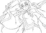  :o breasts detached_sleeves frog_hair_ornament gohei gomamiso_(gomamiso_sp) greyscale hair_ornament hair_tubes highres kochiya_sanae lineart long_hair medium_breasts monochrome navel open_mouth simple_background snake snake_hair_ornament solo touhou very_long_hair white_background 
