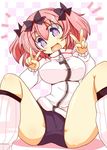  1girl :d blue_eyes bow breasts checkered checkered_background double_v hair_bow hibari_(senran_kagura) highres jacket large_breasts open_mouth pink_hair senran_kagura senran_kagura_shoujo-tachi_no_shin'ei shirogane_(platinum) short_twintails smile solo spread_legs symbol-shaped_pupils track_jacket twintails v zipper 