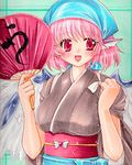  animal_ears apron bad_id bad_pixiv_id fan head_scarf japanese_clothes mitsuba_(threeleaf) mystia_lorelei okamisty open_mouth paper_fan pink_hair red_eyes short_hair smile solo tasuki touhou traditional_media uchiwa wings 