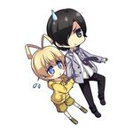  arm_holding black_eyes black_hair blonde_hair blue_eyes blush_stickers braid chibi flying_sweatdrops haiyore!_nyaruko-san hastur_(nyaruko-san) kouji_(campus_life) lowres multiple_boys otoko_no_ko sweatdrop yasaka_mahiro 