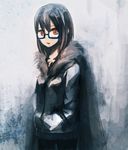  417_(to_i_chi) brown_hair casual fur_collar glasses hands_in_pockets jacket looking_at_viewer original red_eyes semi-rimless_eyewear short_hair solo under-rim_eyewear 