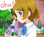  abe_kanari brown_hair commentary_request forced_perspective hoshizora_rin kiss koizumi_hanayo love_live! love_live!_school_idol_project minigirl multiple_girls nose_kiss open_mouth orange_hair otonokizaka_school_uniform perspective purple_eyes school_uniform short_hair yuri 