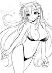  bikini blush breasts cleavage gomamiso_(gomamiso_sp) greyscale highres huge_breasts kochiya_sanae long_hair monochrome simple_background solo swimsuit touhou very_long_hair white_background 