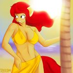  amber_eyes anthro anthrofied apple_bloom_(mlp) beach bikini breasts clothing day equine female friendship_is_magic hair horse looking_away mammal marik_azemus34 my_little_pony navel outside palm_tree pony red_hair sand sea seaside solo standing sun swimsuit tight_clothing water 