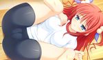  1girl ass bike_shorts blue_eyes blush breasts cameltoe game_cg gym_uniform highres legs legs_up long_hair lying on_back prestar!_precious_star&#039;s_festival:_shokai_seisan_gentei prestar!_precious_star's_festival:_shokai_seisan_gentei red_hair thighs 