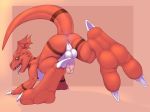  2018 2_toes 3dinoz all_fours anthro anus backsack balls butt claws digimon digitigrade erection foot_focus guilmon looking_back male multicolored_skin penis perineum pink_penis precum presenting presenting_hindquarters red_skin scalie simple_background smile soles solo tan_background toes tongue tongue_out two_tone_skin white_skin yellow_eyes 