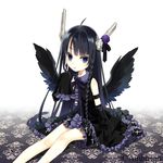  black_hair blue_eyes braid copyright_name cross detached_sleeves flower gothic_lolita himekiss lolita_fashion long_hair rose sitting skull solo thanatos_(himekiss) wings zaza_(x-can01) 