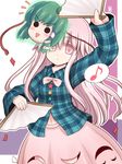  :&gt; :d bubble_skirt eighth_note empty_eyes expressionless fan folding_fan frog_hair_ornament green_hair hair_ornament hair_tubes hata_no_kokoro kochiya_sanae long_hair looking_at_viewer mask musical_note navel open_mouth paper_fan pink_eyes pink_hair plaid plaid_shirt ry shirt skirt smile snake_hair_ornament solid_circle_eyes solo spoken_musical_note touhou very_long_hair 