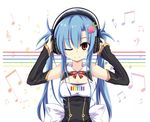  alternate_costume alternate_hairstyle blue_hair blush detached_collar detached_sleeves hair_ornament headphones highres hinanawi_tenshi long_hair looking_at_viewer maturiuta_sorato musical_note one_eye_closed red_eyes smile solo touhou twintails 