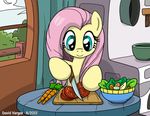  carrots cloud cooking cyan_eyes equine female fence feral fluttershy_(mlp) friendship_is_magic fur hair horse kitchen knife latecustomer long_hair mammal my_little_pony pink_hair pony salad sky smile solo table tomato tomatoes weapon window yellow_fur 