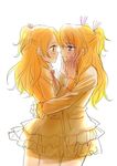  blazer blonde_hair blue_eyes blush couple eye_contact green_eyes hands_on_another's_face houjou_hibiki jacket long_hair looking_at_another minamino_kanade multiple_girls ooshima_tomo precure school_uniform smile suite_precure two_side_up yuri 
