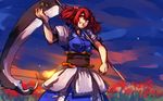  evening grin melon22 onozuka_komachi puffy_short_sleeves puffy_sleeves red_eyes red_hair scythe short_sleeves smile solo sunset touhou twilight two_side_up wallpaper 