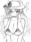  :t blush breasts cleavage food fruit gomamiso_(gomamiso_sp) greyscale hat hinanawi_tenshi huge_breasts long_hair monochrome peach simple_background solo spot_color sweat sweatdrop touhou translated upper_body v_arms white_background 