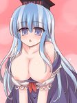  areolae bare_shoulders blue_eyes blue_hair blush breasts hat kamishirasawa_keine large_breasts long_hair nipples open_mouth ry solo touhou 