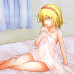  alice_margatroid blonde_hair blush breasts curtains hairband medium_breasts naked_sheet nude on_bed pirorun red_eyes seductive_smile short_hair smile solo touhou window 