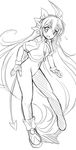  :d absurdly_long_hair blush demon_tail fingerless_gloves full_body gloves gomamiso_(gomamiso_sp) greyscale highres long_hair miwajou monochrome open_mouth original simple_background smile solo standing tail very_long_hair white_background 