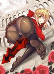  1girl all_fours ass black_legwear blonde_hair blush cameltoe fate/extra fate_(series) feet female flower from_behind green_eyes highres hte222 knees_together_feet_apart looking_at_viewer looking_back no_shoes open_mouth panties panties_under_pantyhose pantyhose pov_feet pussy_juice saber saber_extra skirt soles solo sword toe_scrunch toes underwear upskirt weapon 