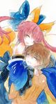  1girl animal_ears bare_shoulders bow closed_eyes detached_sleeves fate/extra fate_(series) fina_(sa47rin5) fox_ears fox_tail hair_bow hair_ribbon hug japanese_clothes open_mouth pink_hair ribbon tail tamamo_(fate)_(all) tamamo_no_mae_(fate) traditional_media twintails watercolor_(medium) yellow_eyes 