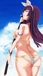  1girl ass bikini breasts butt_crack fairy_tail from_behind hairband i-azu kagura_mikazuchi large_breasts long_hair purple_hair solo swimsuit sword weapon 