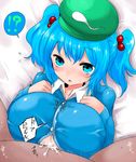  1girl blue_eyes blue_hair breasts cum cum_on_body cum_on_breasts cum_on_upper_body hair_bobbles hair_ornament han_(jackpot) hat huge_breasts kawashiro_nitori paizuri paizuri_under_clothes touhou two_side_up 