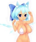  :o absurdres alternate_breast_size animal_ears arantheus bare_shoulders bikini blue_eyes blue_hair blush bottomless bow breasts cat_ears cirno cleavage hair_bow highres ice ice_wings kemonomimi_mode large_breasts looking_at_viewer navel non-web_source paw_pose short_hair simple_background solo swimsuit touhou white_background wings 