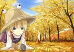  all_fours animal arms_up autumn back blonde_hair blue_eyes blush bow colorized day fujiwara_no_mokou ginkgo hair_bow hair_ornament hair_ribbon hat landscape leaf long_hair long_sleeves looking_down moriya_suwako multiple_girls nature pants ribbon shirt sketch skirt skirt_set sky smile squirrel stretch touhou tree turtleneck vest white_hair wide_sleeves yushika 