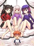  1boy 3girls aqua_eyes barefoot black_hair blue_eyes blue_hair doll emiya_shirou fate/stay_night fate_(series) feet foot_on_head highres hte222 illyasviel_von_einzbern matou_sakura multiple_girls red_eyes siblings sisters soles toes tohsaka_rin white_hair 