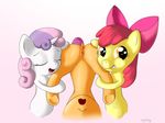  apple_bloom_(mlp) cub cutie_mark_crusaders_(mlp) equine female feral friendship_is_magic horn horse mammal my_little_pony pegasus pony presenting pussy scootaloo_(mlp) shoroch sweetie_belle_(mlp) unicorn upside_down wings young 