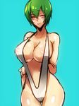  ^_^ arms_behind_back blazblue blush breasts cleavage closed_eyes genderswap genderswap_(mtf) green_hair hazama kaneaki_mukku large_breasts short_hair simple_background slingshot_swimsuit solo sweatdrop swimsuit thigh_gap 