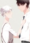  adjusting_clothes adjusting_necktie bad_id bad_pixiv_id brown_hair fate/zero fate_(series) gk_rk556 highres kotomine_kirei matou_kariya multiple_boys necktie white_hair 