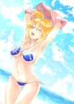  absurdres beach bikini blonde_hair day fukyuu highres kagerou_project kisaragi_momo one_eye_closed red_eyes short_hair smile solo swimsuit undressing 