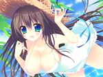  amanagi_seiji areolae breasts brown_hair cleavage dress green_eyes happy hat large_breasts leaning_forward long_hair original solo 