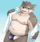  2017 anthro belly blue_background bulge canine clothed clothing dog fundoshi japanese_clothing male mammal moobs moritaka navel nipples open_shirt overweight overweight_male s_ouo scar shirt simple_background solo tokyo_afterschool_summoners underwear 