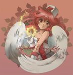  angel_wings bare_shoulders belt collarbone duel_monster gloves hat heart injection_fairy_lily long_hair magic nurse_cap pointing pointing_up red_eyes red_hair smile solo toniomi wings yuu-gi-ou 