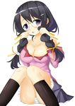  absurdres bad_id bad_pixiv_id bakemonogatari black_eyes black_hair braid breasts cleavage glasses hanekawa_tsubasa highres long_hair medium_breasts monogatari_(series) open_clothes open_shirt panties pantyshot pantyshot_(sitting) school_uniform shirt sitting striped striped_panties tsubaki_(tatajd) twin_braids twintails underwear 