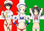  :o aqua_eyes aria aria_company_uniform black_eyes blonde_hair blue_eyes blush cosplay crop_top crop_top_overhang fingerless_gloves flag francesca_lucchini gloves green_hair hands_on_hips hat highres himeya_company_uniform hirohashi_ryou luciana_mazzei martina_crespi midriff military military_uniform mizuhashi_kaori multiple_girls naval_uniform navel open_mouth orange_planet_uniform owa_(ishtail) panties red_panties saitou_chiwa seiyuu_connection smile strike_witches striped striped_panties underwear uniform world_witches_series 