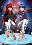  2girls barefoot blue_eyes blue_hair character_request feet glasses highres hte222 looking_at_viewer multiple_girls red_eyes red_hair tagme toes 