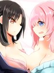  asymmetrical_docking bare_shoulders black_hair blue_eyes blush breast_press breasts brown_eyes cleavage ears_down embarrassed kanae_(naomi) large_breasts multiple_girls naomi_(sekai_no_hate_no_kissaten) off-shoulder_sweater one_eye_closed original pink_hair sweater symmetrical_docking unbuttoned 