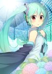  1girl 7zu7 alternate_eye_color aqua_hair bare_shoulders blush detached_sleeves flower hatsune_miku headphones hydrangea leaf leaves light_rays long_hair looking_at_viewer microphone red_eyes solo straight_hair sunbeam sunlight teal_hair twintails vocaloid 